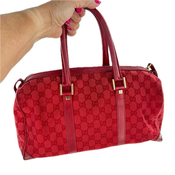 GUCCI GG Canvas Boston Bag, Red Jacquard Fabric, Red Leather Trim, Authentic - Picture 1 of 17